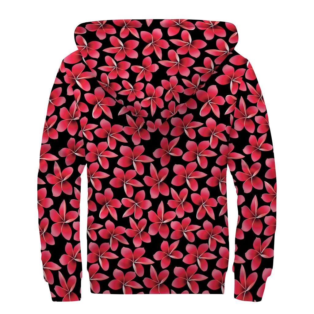 Red And Black Frangipani Pattern Print Sherpa Lined Zip Up Hoodie