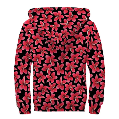 Red And Black Frangipani Pattern Print Sherpa Lined Zip Up Hoodie