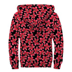 Red And Black Frangipani Pattern Print Sherpa Lined Zip Up Hoodie