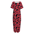 Red And Black Frangipani Pattern Print Short Sleeve Long Nightdress