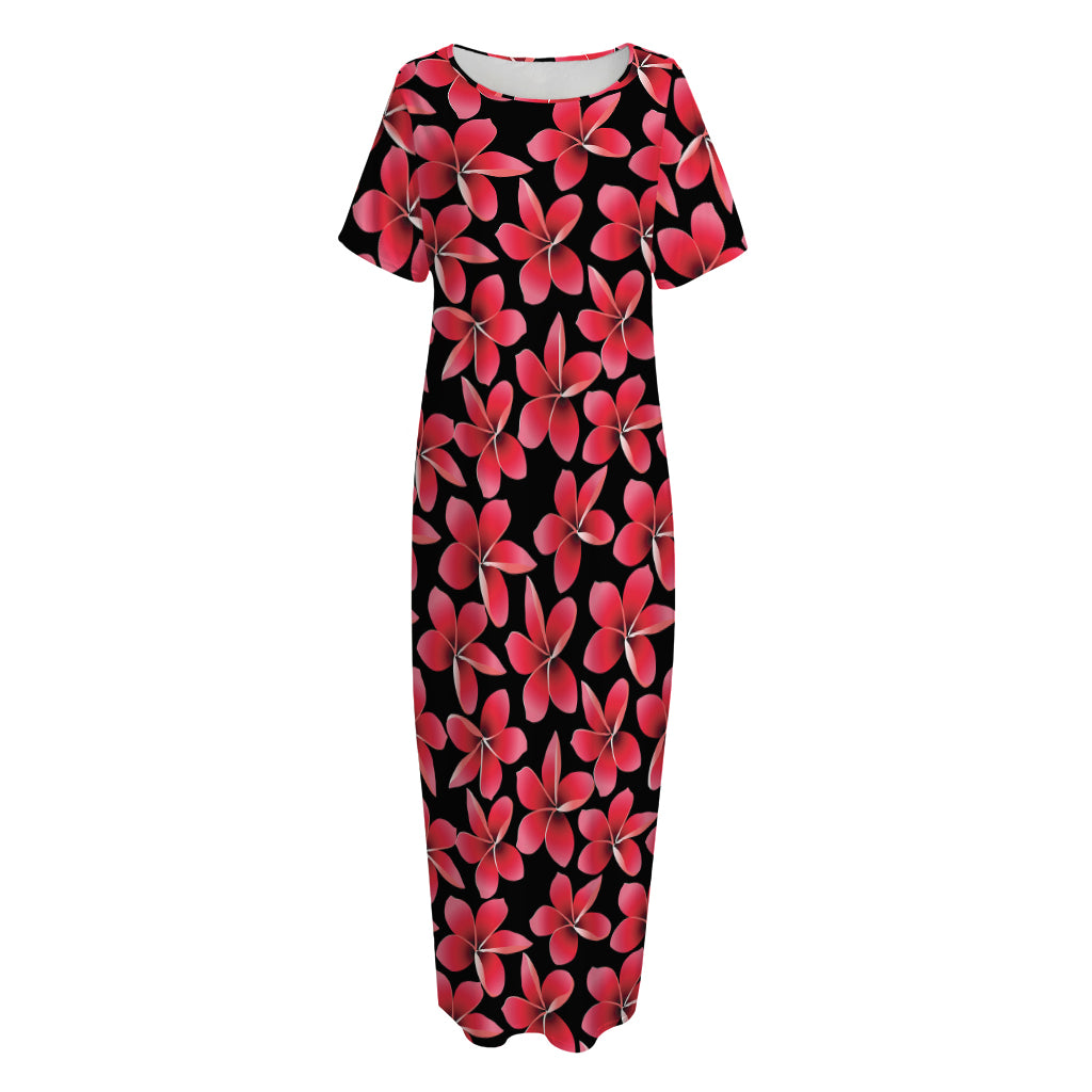 Red And Black Frangipani Pattern Print Short Sleeve Long Nightdress