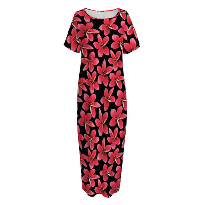 Red And Black Frangipani Pattern Print Short Sleeve Long Nightdress