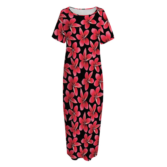 Red And Black Frangipani Pattern Print Short Sleeve Long Nightdress