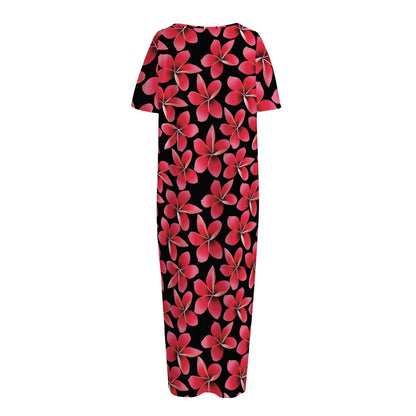 Red And Black Frangipani Pattern Print Short Sleeve Long Nightdress