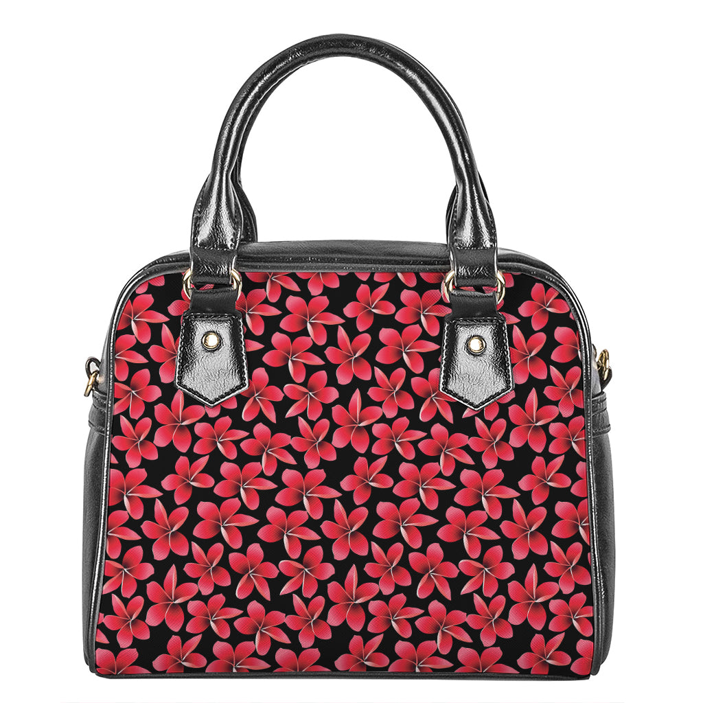 Red And Black Frangipani Pattern Print Shoulder Handbag