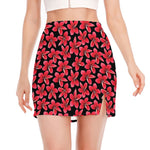 Red And Black Frangipani Pattern Print Side Slit Mini Skirt