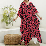 Red And Black Frangipani Pattern Print Silk V-Neck Kaftan Dress