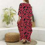 Red And Black Frangipani Pattern Print Silk V-Neck Kaftan Dress
