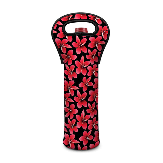 Red And Black Frangipani Pattern Print Single Neoprene Wine Tote