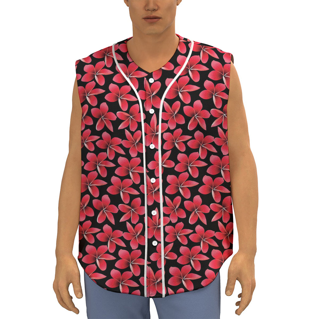 Red And Black Frangipani Pattern Print Sleeveless Baseball Jersey