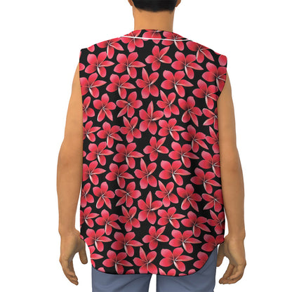 Red And Black Frangipani Pattern Print Sleeveless Baseball Jersey