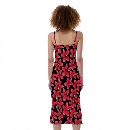 Red And Black Frangipani Pattern Print Slim Fit Midi Cami Dress