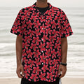 Red And Black Frangipani Pattern Print Textured Short Sleeve Shirt