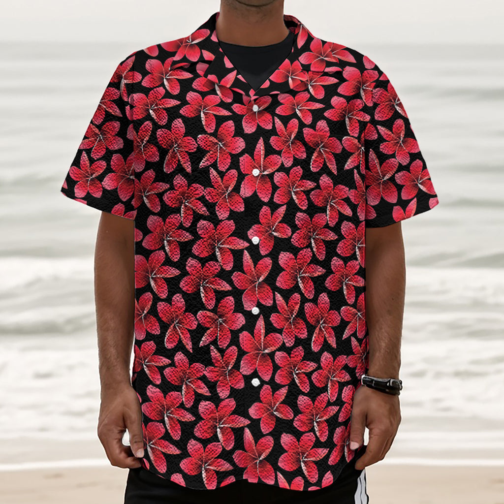 Red And Black Frangipani Pattern Print Textured Short Sleeve Shirt