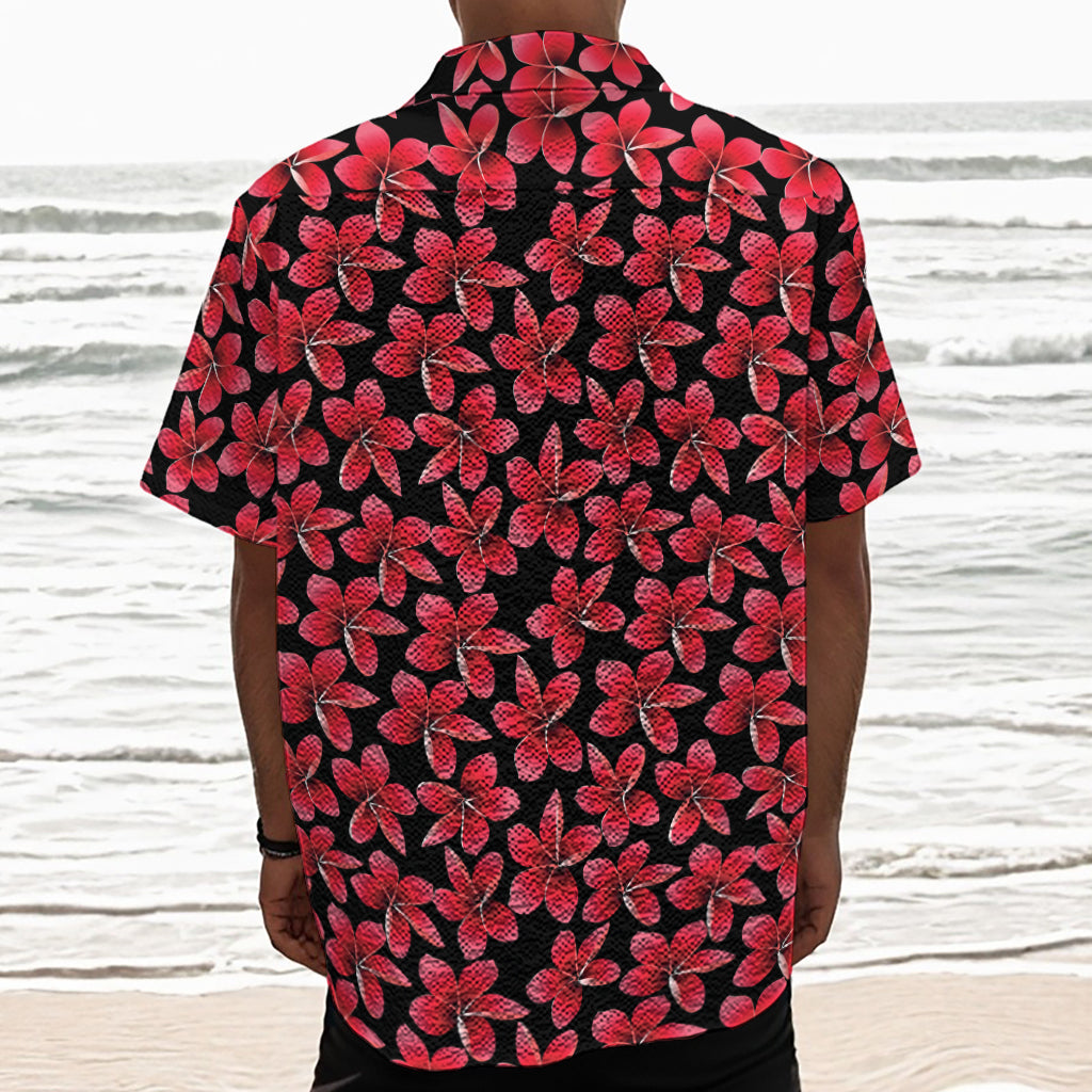 Red And Black Frangipani Pattern Print Textured Short Sleeve Shirt