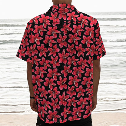 Red And Black Frangipani Pattern Print Textured Short Sleeve Shirt