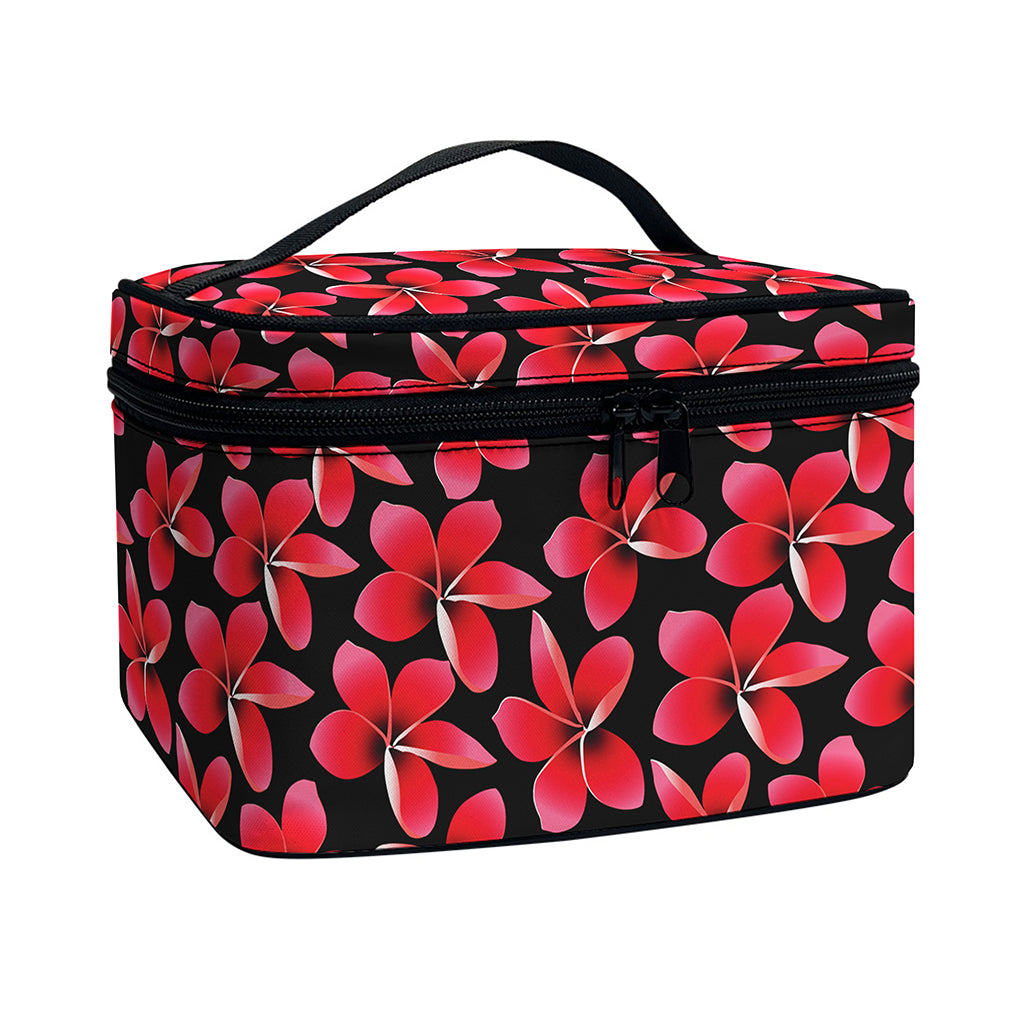 Red And Black Frangipani Pattern Print Travel Makeup Bag
