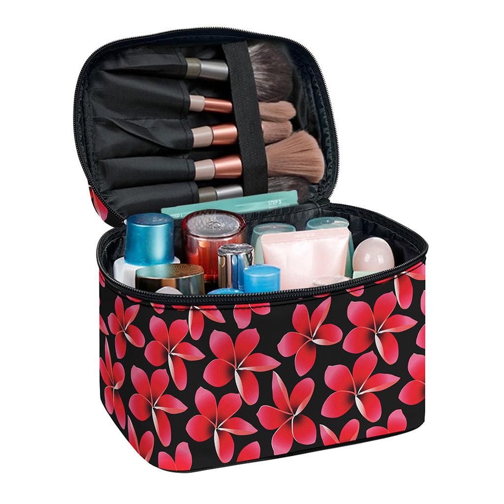 Red And Black Frangipani Pattern Print Travel Makeup Bag