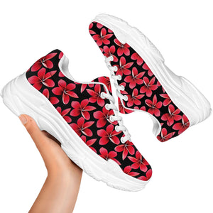 Red And Black Frangipani Pattern Print White Chunky Shoes