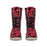 Red And Black Frangipani Pattern Print Winter Boots