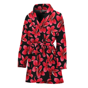 Red And Black Frangipani Pattern Print Women's Bathrobe