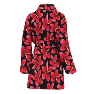 Red And Black Frangipani Pattern Print Women's Bathrobe