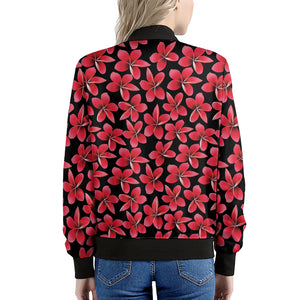 Red And Black Frangipani Pattern Print Women's Bomber Jacket