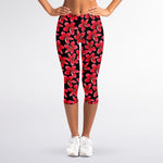 Red And Black Frangipani Pattern Print Women's Capri Leggings