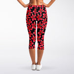 Red And Black Frangipani Pattern Print Women's Capri Leggings