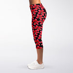 Red And Black Frangipani Pattern Print Women's Capri Leggings