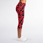 Red And Black Frangipani Pattern Print Women's Capri Leggings