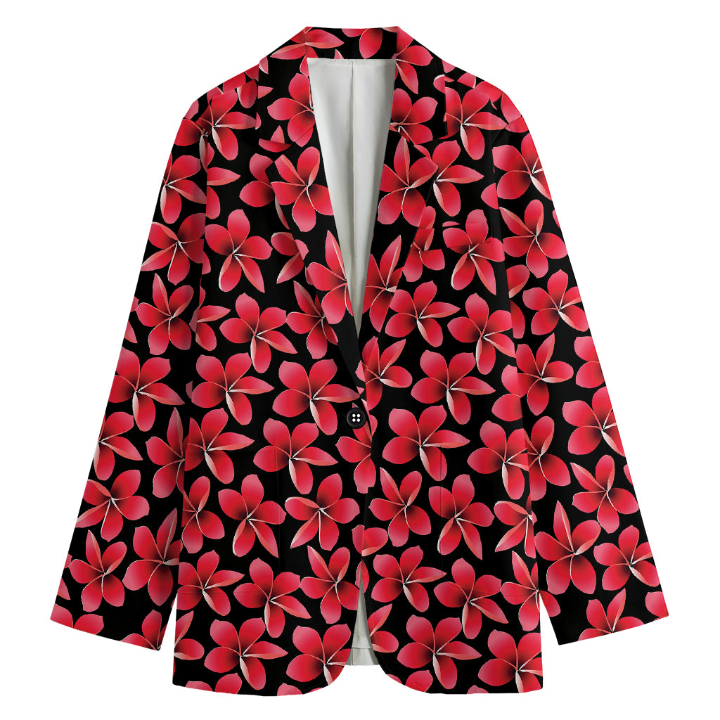Red And Black Frangipani Pattern Print Women's Cotton Blazer