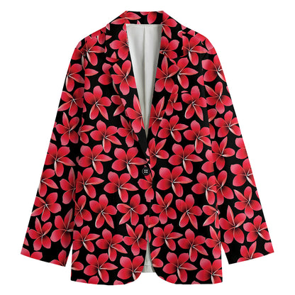 Red And Black Frangipani Pattern Print Women's Cotton Blazer