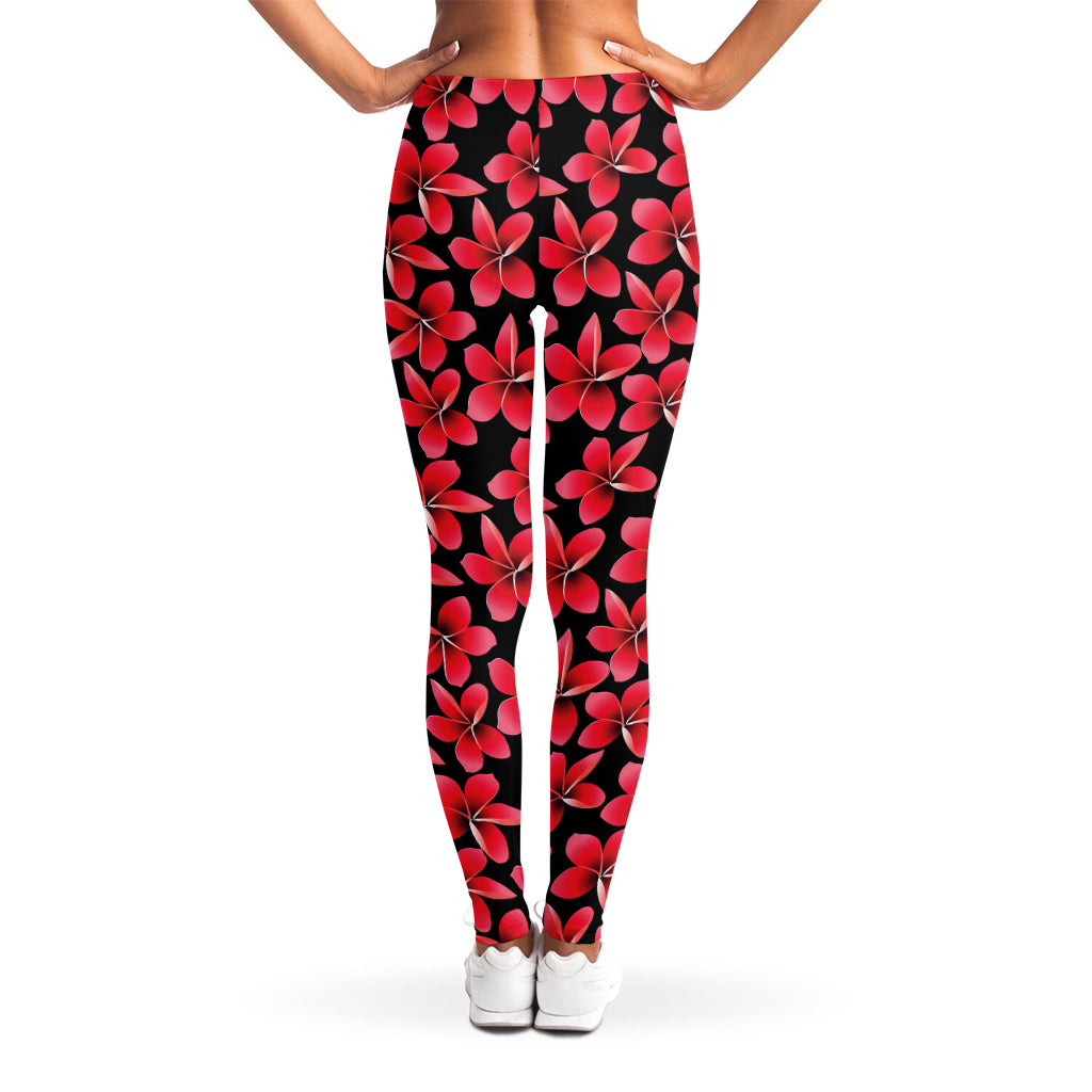 Red And Black Frangipani Pattern Print Women's Leggings