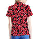 Red And Black Frangipani Pattern Print Women's Polo Shirt