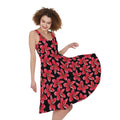 Red And Black Frangipani Pattern Print Sleeveless Knee Length Dress
