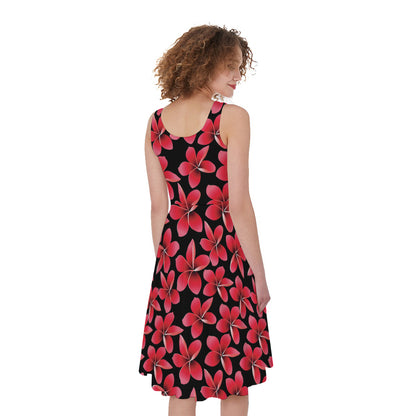 Red And Black Frangipani Pattern Print Women's Sleeveless Dress