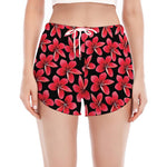 Red And Black Frangipani Pattern Print Women's Split Running Shorts
