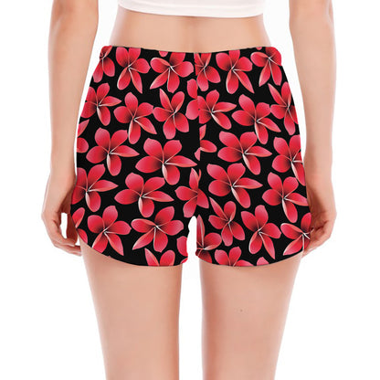 Red And Black Frangipani Pattern Print Women's Split Running Shorts