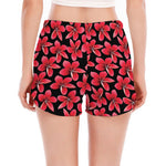 Red And Black Frangipani Pattern Print Women's Split Running Shorts