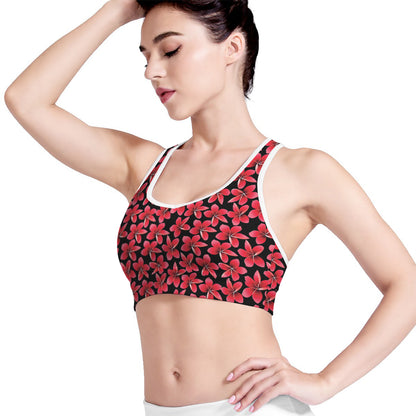 Red And Black Frangipani Pattern Print Women's Sports Bra