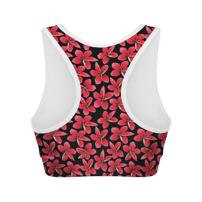 Red And Black Frangipani Pattern Print Women's Sports Bra