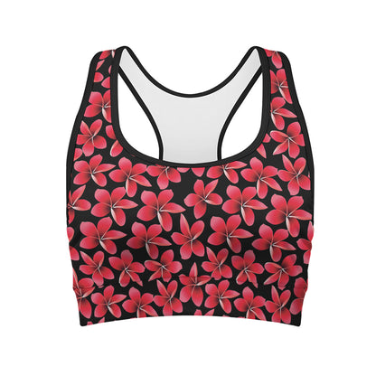 Red And Black Frangipani Pattern Print Women's Sports Bra