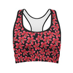 Red And Black Frangipani Pattern Print Women's Sports Bra