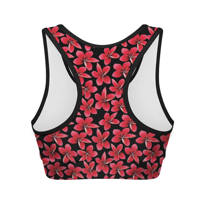 Red And Black Frangipani Pattern Print Women's Sports Bra