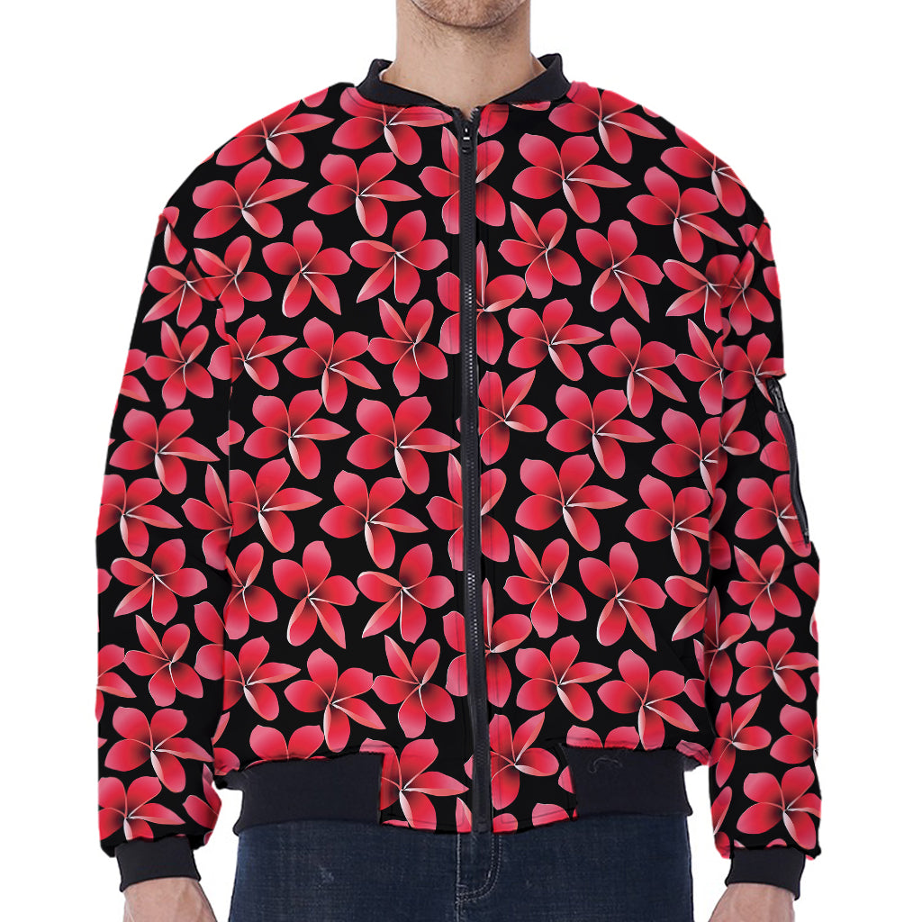 Red And Black Frangipani Pattern Print Zip Sleeve Bomber Jacket