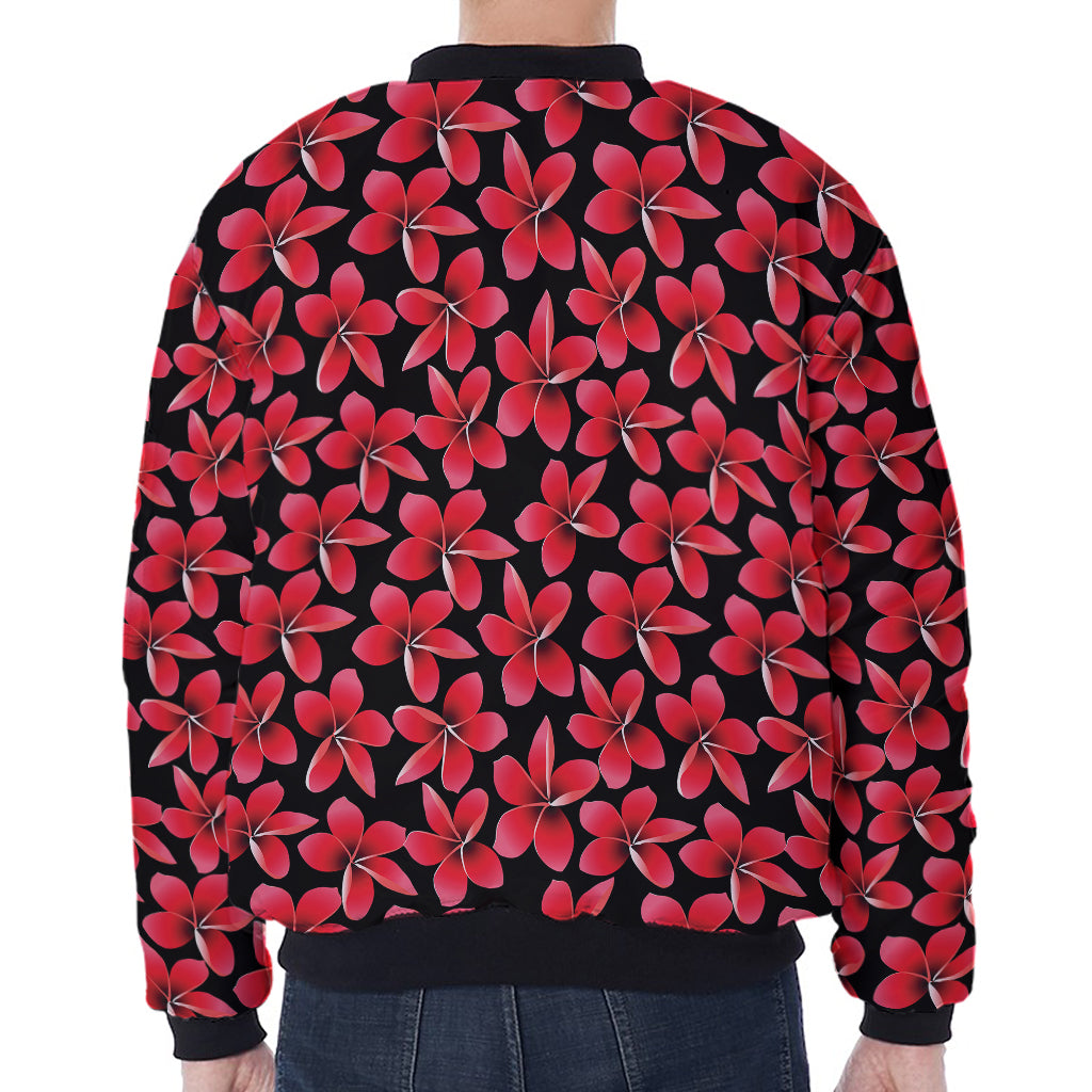 Red And Black Frangipani Pattern Print Zip Sleeve Bomber Jacket