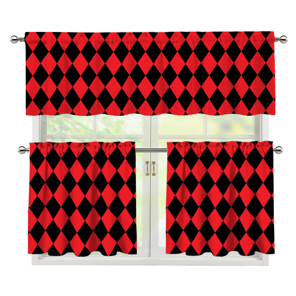 Red And Black Harlequin Pattern Print 3 Piece Kitchen Curtains