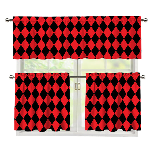Red And Black Harlequin Pattern Print 3 Piece Kitchen Curtains