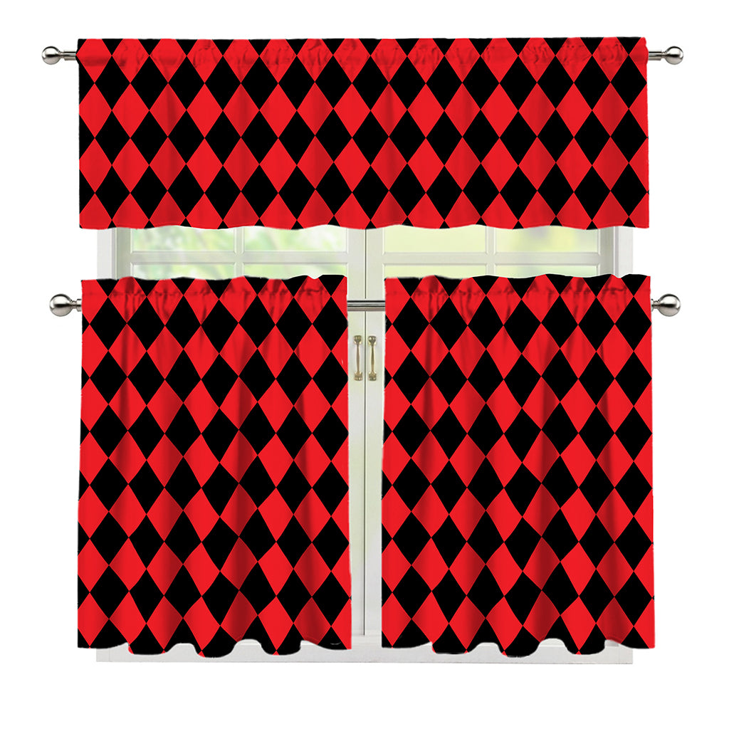 Red And Black Harlequin Pattern Print 3 Piece Kitchen Curtains